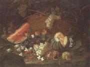 unknow artist Still life of a watermelon,red and white grapes,figs,cherries,mushrooms,a melon,and a basket with vine-leaves,upon a ledge USA oil painting artist